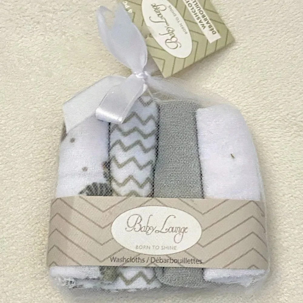 NWT Baby Lounge Washcloths- Set Of 4‎ white & Gray Baby Zebra Waves Solid Gray